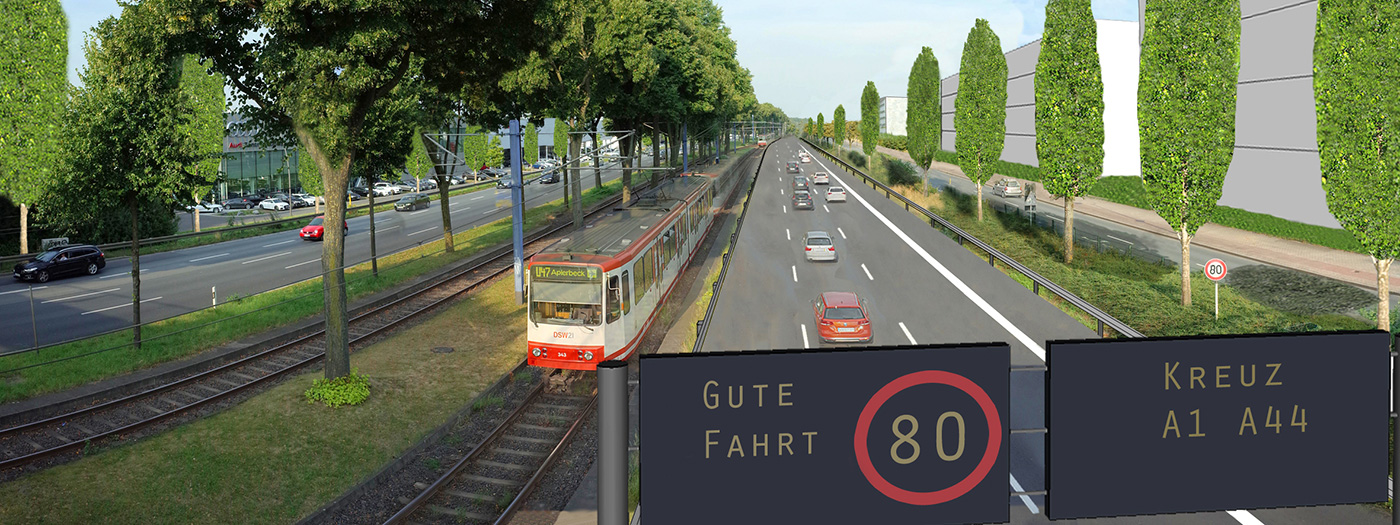 Hier kein Autobahnausbau, kein Tempo 130! Beidseitig vervollständigte Allee, Verkehrssteuerung, selbst Tempo 80 ist noch zu viel für eine Stadtstraße.