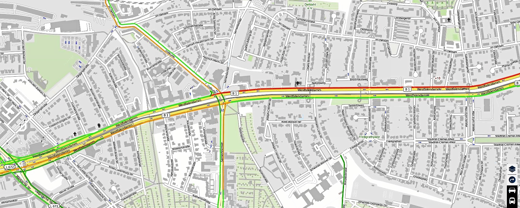 Verkehrsfluss "Rot" und "Orange" rund um Kreuzung B1- Voßkuhle - wie lange noch?         (Quelle: www.verkehr.nrw)