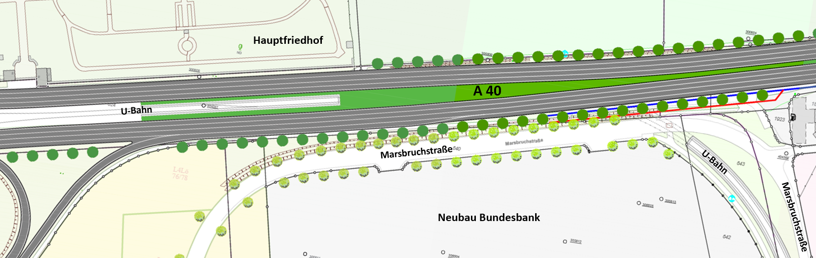 Bild 8: Einfach mögliche Ersatz-Allee an der A40 bis zum Gottesacker, Vorschlag Stadt Dortmund 2018. Doch die Autobahnplaner wollen nicht, wozu sie sich verpflichtet hatten: B1-Alleebäume.